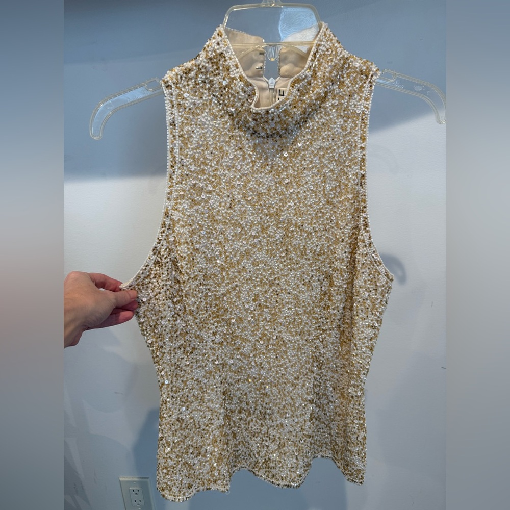 Naeem Khan Riazee Gold Sequin High-Neck Blouse